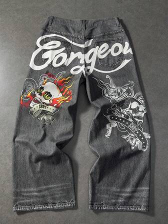 Anime Jeans casual da uomo con stampa di teschi e lettere sulle tasche