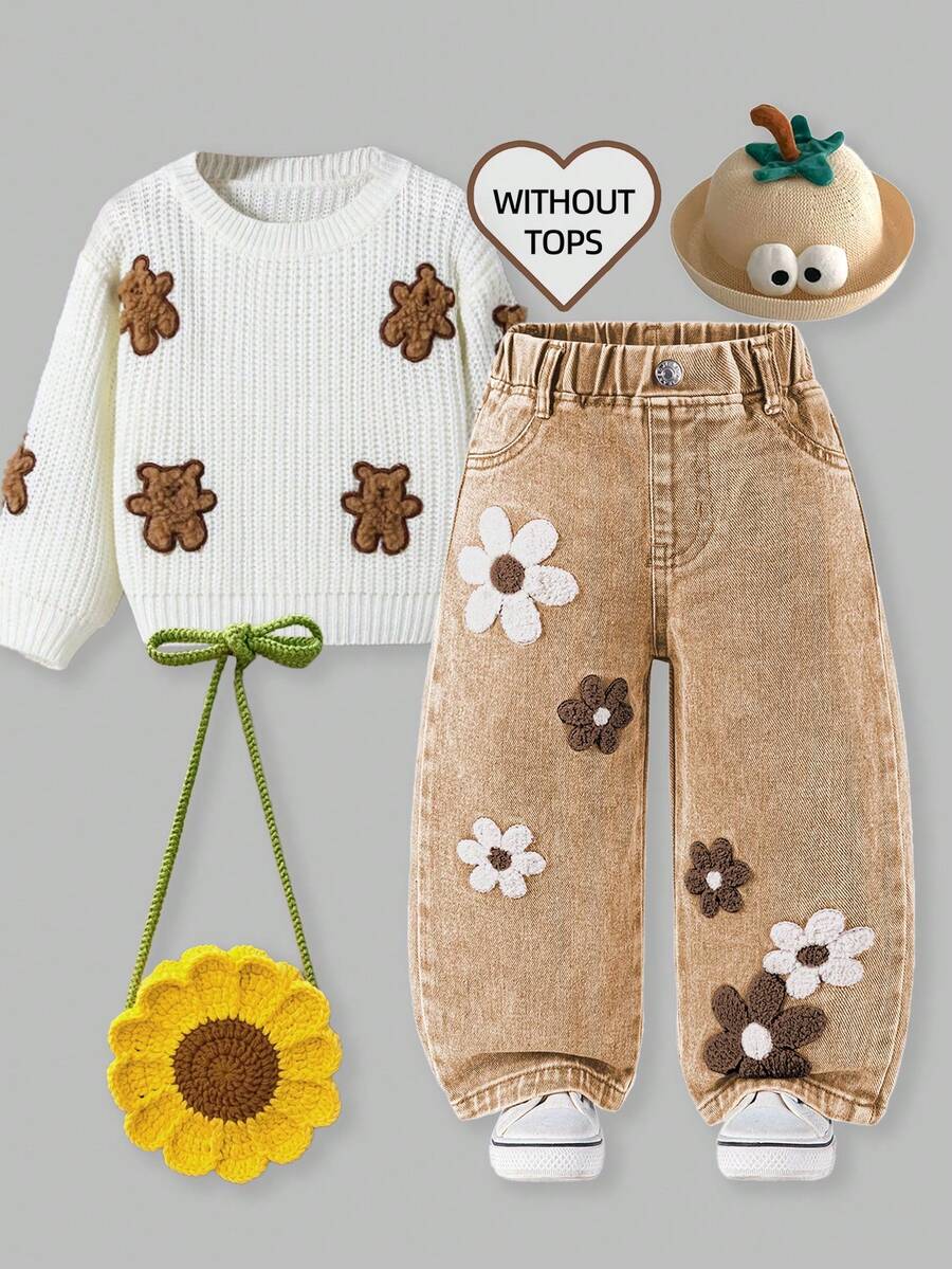 Baby/Infant Girls' Fashion Snowflake Distressed Embroidered Flare Pants - Khaki - View 1