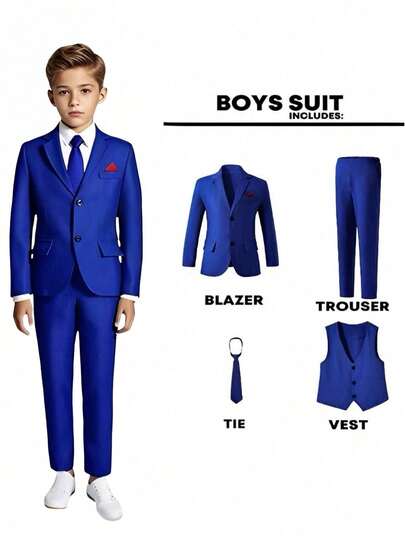 SHEIN 4pcs/Set Tween Boy Gentleman Suit Set: Blue Blazer Jacket + Blue Vest + Blue Trousers + Blue Tie, Suitable For Spring/Summer, Elegant Formal Wear For Valentine's Day, Birthday Party, Wedding, Wedding Guest, Pageboy, Ring Bearer Fall Winter