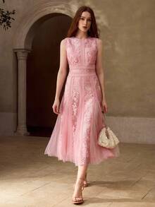 MOTF PREMIUM WOMEN'S LACE EMBROIDERED SPLICE FLORAL TRIM ELEGANT SLEEVELESS MIDI DRESS, SUITABLE FOR DATES, SPRING/SUMMER - Pink - View 6
