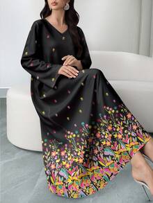 SHEIN Najma 女士彩色花卉植物数码印花V领长袖优雅阿拉伯风格连衣裙，适合春秋季穿着 - 彩色 - 查看 3
