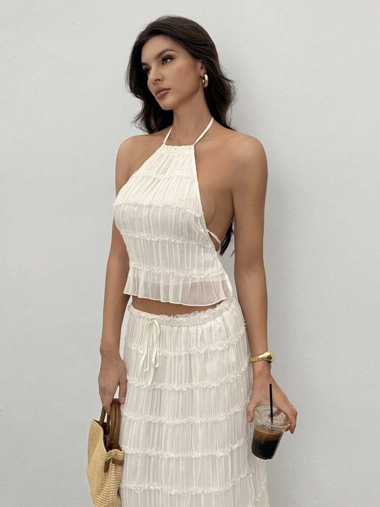 SHEIN Tall Women's Vacation Outdoor Romantic Halter Backless Low Waist Skirt Set Pleated Skirt Set Beach Skirt Set Vacation Outfits Woman Skirt Set White Skirt And Top Set Two Piece Long Skirt Set Vacation Outfits Women Skirt Set - Beige - View 8
