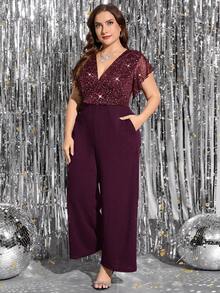 Gownix Plus Size Women's Elegant Shiny Jumpsuit, Suitable For Party And Gatherings, Black Jumpsuit With Pockets, Autumn/Winter - Burgundy - View 3