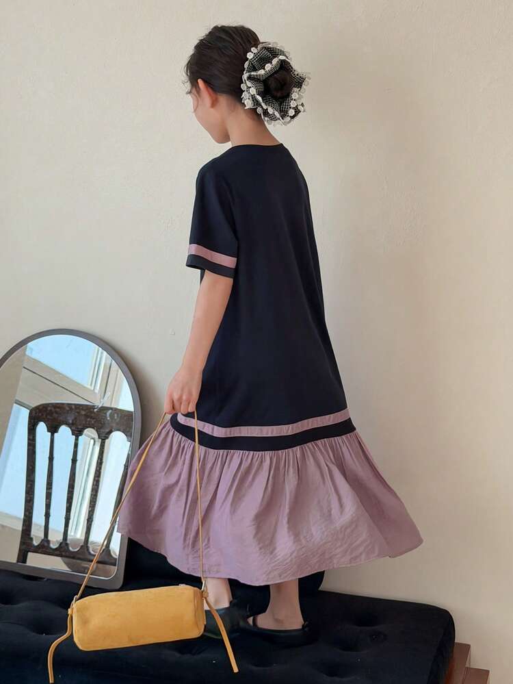 Tween Girls Colorblock Round Neck Mid-Length Short Sleeve Dress Summer