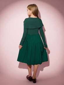 Girls' Elegant Sequin Patchwork Pleated Hem Long Sleeve Knit Dress, Casual Wear For Outing And Party - Dark Green - View 2