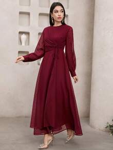 Veilorie 新款裹身式收腰浪漫飘逸优雅度假连衣裙 - 酒紅色 - 查看 4