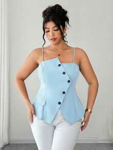Elenzga Plus Size Elegant Baby Blue Top Women,Summer Office Commute Fashionable Asymmetric Waist Cinched Camisole With Adjustable Straps,A-Line Hem Slit Top - Baby Blue - View 5