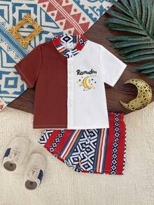 SHEIN Infant/Toddler Boys' Stand Collar Button Front Geometric Print Short Sleeve Top And Shorts Set, Summer - Multicolor - View 6