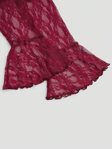 Sweetra Đầm ngắn tay dài phối ren dành cho nữ cỡ lớn - Màu Đỏ Sâu - Xem 7