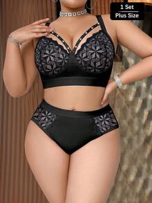 SHEIN 2pcs Plus Size Lace Patchwork Wireless Bra Set - Black - View 3