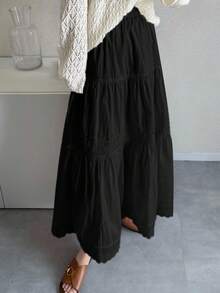 FRIFUL 女士纯色蕾丝拼接时尚百搭度假旅行裙 - 黑色 - 查看 5