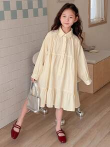 Dazy Kids Đầm dài tay màu trơn cho bé gái tuổi teen, cài cúc phía trước, vạt bèo nhún. - Màu vàng - Xem 4