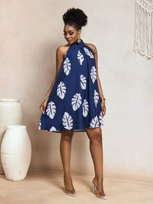 SHEIN BamGlam New Elegant Vacation Digital Print Halter Backless Women Dress, Spring/Summer - Blue - View 1