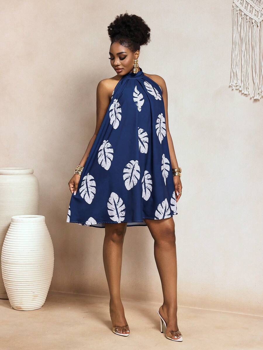 SHEIN BamGlam New Elegant Vacation Digital Print Halter Backless Women Dress, Spring/Summer - Blue - View 1