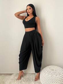 SHEIN SXY Women's Solid Color Pleated Button Casual Versatile Commuting Carrot Pants, Loose Pants, Baggy Pants,, Black Pants, Harem Pants, - Black - View 4