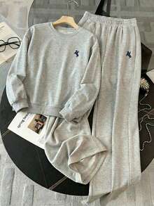 ChillGRL Tween Girls Casual All-Match Versatile Sports & Loungewear Set: Loose Embroidered Crew Neck T-Shirt + Wide Leg Sweatpants - Grey - View 2