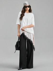 Ontre 女士缎面弹力面料舒适吊带长款上衣，修身剪裁，蕾丝饰边点缀，不对称下摆设计，现代都市休闲商务风，优雅夏季上衣 - 杏色 - 查看 3