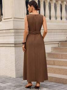 Editum 女士新款优雅束腰显瘦亚麻质感系带长裙，带口袋，适合日常通勤、教师、办公室穿着 - 棕色 - 查看 2