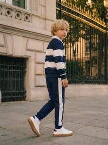 Casuvi Kids 5-Piece Set: Casual Striped & Plaid Letter Print Polo Collar Long Sleeve Sweatshirt + Elastic Waist Jogger Pants, Loose Fit, Suitable For Boys, Spring/Summer/Autumn, Versatile For Daily Wear, Birthday Party, School Activities, Family Gathering, Formal Occasions - Multicolor - View 4
