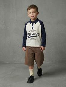 Casuvi Kids 4pcs/Set Boys' Casual Stylish Minimalist American College Contrast Color Block Letter Print Polo Collar Long Sleeve Shirt, Loose Fit, Versatile, Suitable For Spring, Summer, Autumn, Daily Wear, Birthday Party, Campus Activities, Family Gathering, Formal Occasions - Multicolor - View 1