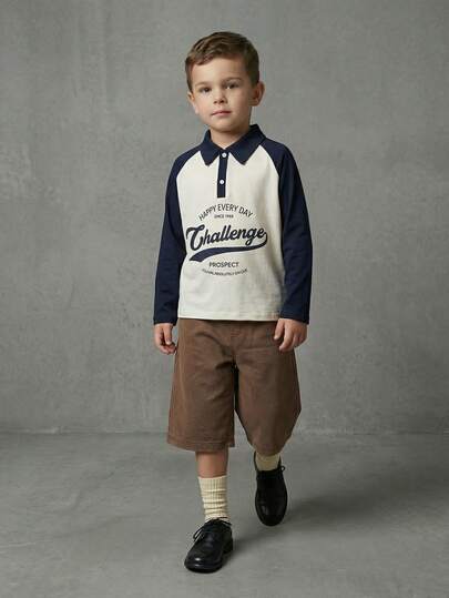 Casuvi Kids 4pcs/Set Boys' Casual Stylish Minimalist American College Contrast Color Block Letter Print Polo Collar Long Sleeve Shirt, Loose Fit, Versatile, Suitable For Spring, Summer, Autumn, Daily Wear, Birthday Party, Campus Activities, Family Gathering, Formal Occasions