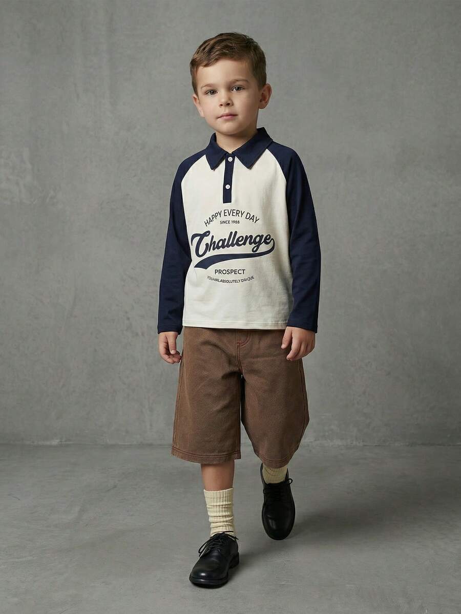 Casuvi Kids 4pcs/Set Boys' Casual Stylish Minimalist American College Contrast Color Block Letter Print Polo Collar Long Sleeve Shirt, Loose Fit, Versatile, Suitable For Spring, Summer, Autumn, Daily Wear, Birthday Party, Campus Activities, Family Gathering, Formal Occasions - Multicolor - View 1