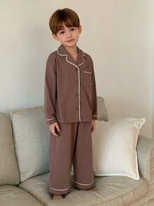DAZY Young Boy Contrast Trim Button-Front Long Sleeve Top And Pants Pajama Set Spring - Brown - View 7