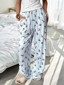 CovetEZ Women's Drawstring Waist Plaid Deer Print Wide Leg Loose Casual Pants - Multicolor - View 5