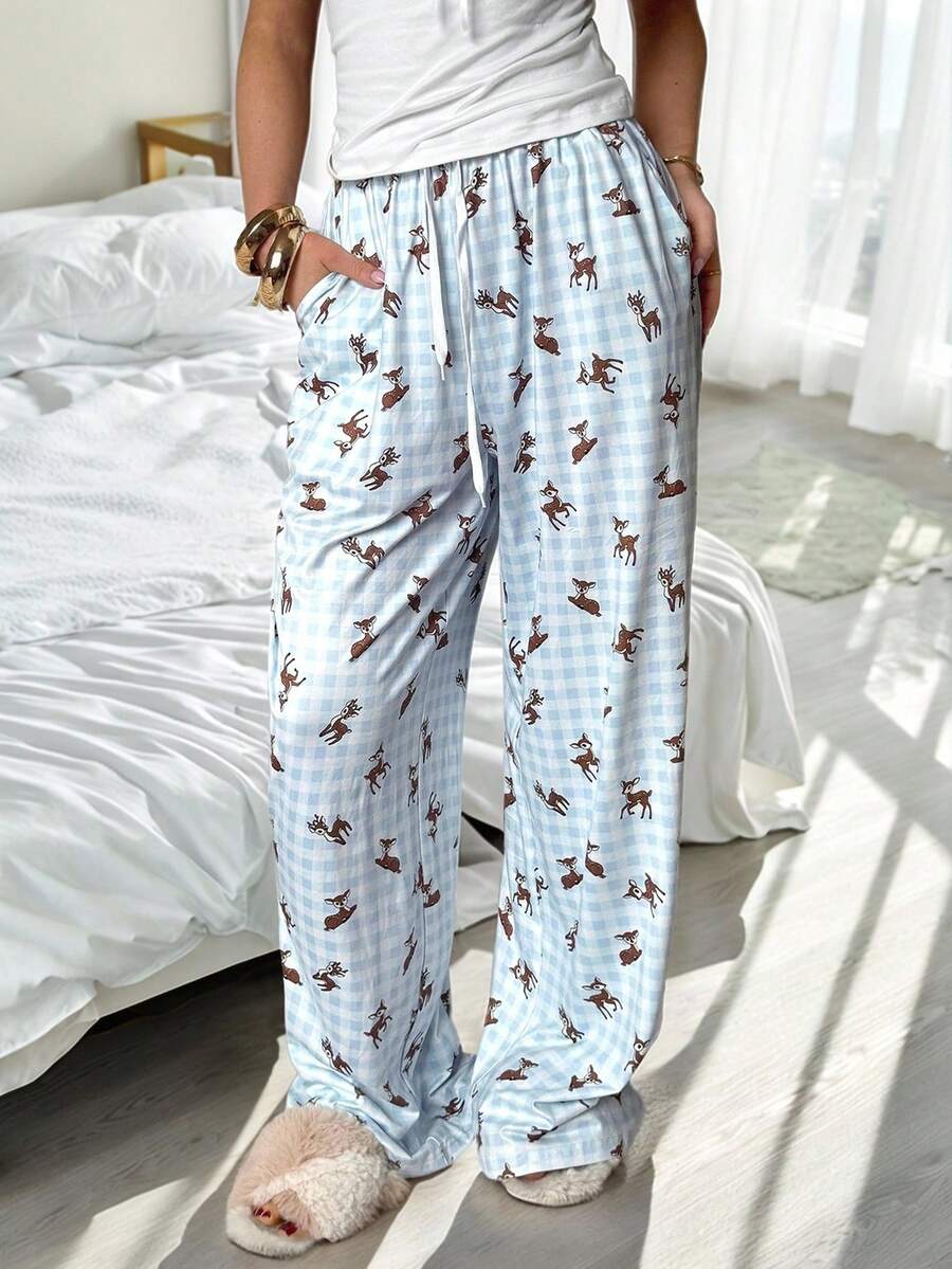 CovetEZ Women's Drawstring Waist Plaid Deer Print Wide Leg Loose Casual Pants - Multicolor - View 1