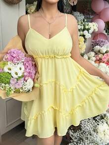 GalTyme Váy chữ A màu vàng chanh cỡ lớn mới mùa hè, màu vàng bơ nhạt, họa tiết dệt, thích hợp cho kỳ nghỉ bên bờ biển, có phụ kiện hoa và sao, váy mùa hè cho nữ, váy chống nắng, dễ thương, mùa hè châu Âu, bãi biển, váy chống nắng cho nữ, sinh nhật, váy bồng bềnh, trường học, bữa nửa buổi - Màu vàng - Xem 2