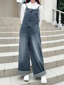 FRIFUL Bộ áo liền quần denim nữ màu trơn có túi, kiểu dáng thường ngày, đa năng. - Màu xanh lam - Xem 5