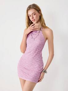 Ardnt 性感美式吊带设计情人节/圣诞节粉色提花面料露背系带蝴蝶结紧身连衣裙，凸显娇小女孩的迷人身材 - 粉色 - 查看 3