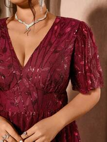 Cravure Váy dự tiệc màu đỏ cổ chữ V viền lưới sequin cỡ lớn thanh lịch - Màu Đỏ Sâu - Xem 5