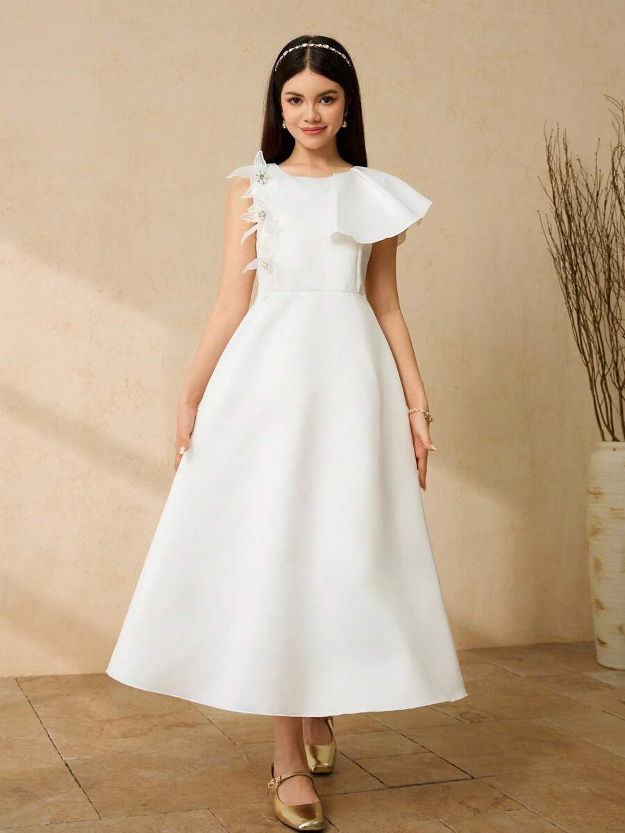 少女白色高端半袖贴花收腰A字长裙，适合婚礼、晚宴、演出、生日、派对等场合。 - 白色 - 查看 1