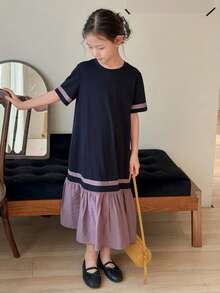 DAZY 少女撞色圆领中长短袖连衣裙 夏季 - 藏蓝色 - 查看 5