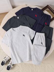 SHEIN 6件套儿童/青少年男童休闲日常舒适印花圆领宽松短袖T恤和长裤针织套装，3种款式各一件 - 彩色 - 查看 3