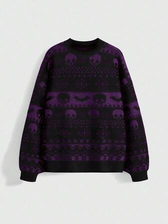 Goth Vintage Dark Skeleton & Bat Jacquard Knit Sweater For Women, Loose Fit Casual Round Neck Pullover, Autumn/Winter