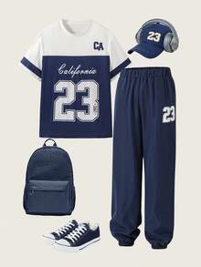 Casuvi Kids Tween Boys Casual Knitted Fabric Short Sleeve Tee And Sweatpants Co-Ords With Letter Pattern And Pockets Sporty Outfit Set - Multicolor - View 3