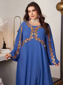 Al Najma Elegantes Patchwork-Kleid mit bunter, bestickter Blumenapplikation und Glockenärmeln, für Frühling/Sommer - Blau - Übersicht 3