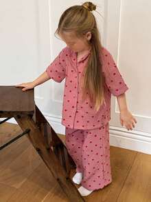 DAZY 2 Stücke Kleine Mädchen Herz-Muster Kurzarm Top und Shorts Pyjama Set, Herbst - Pink - Übersicht 8