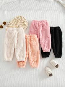 SHEIN Playful Pals 4件套女婴时尚厚羊毛蝴蝶图案裤子，秋冬 - 彩色 - 查看 2
