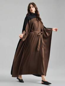 Ontre 2026 Spring/Summer New Brown & Black Contrast Belt Maxi Flare Dress, Suitable For Modern Urban Party, Back To School Season, Casual Minimalist Fashion, Bohemian Style, Vacation, Festivals, Spring, Valentine's Day & Carnival Outfits, Elegant Beach Party - Coffee - View 6