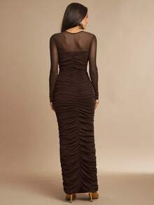Silquee Gaun Malam Elegan Musim Gugur Hitam dengan Desain Jala, Model Bustier, dan Lengan Panjang Transparan dengan Detail Kerut untuk Wanita, Sempurna untuk Pesta Koktail, Klub Malam & Kencan - Coffee Brown - View 2