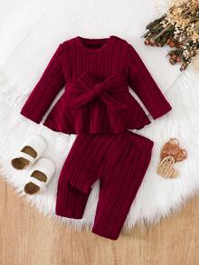 SHEIN Baby Girls Casual Everyday Elegant Minimalist Comfortable Long Sleeve Ruffle Top And Pants Set With Belt, Autumn/Winter - Burgundy - View 2