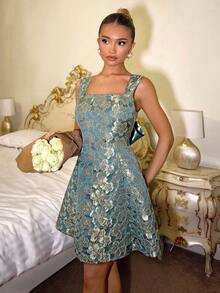 Glamine Jacquard Weave Elegant Lady Slip Dress - Blue - View 5