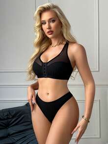 两件套网纱前扣式透视文胸和内裤内衣套装 - 黑色 - 查看 3