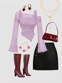 SHEIN MOD Áo thun tay loe dáng rộng, vạt bất đối xứng, phong cách Punk, Hàn Quốc, thích hợp cho mùa tựu trường, dành cho giáo viên, công sở, trường học, trang phục phương Tây cho nữ, cổ điển, tiệc brunch, áo cơ bản, phong cách quý tộc, thời trang đường phố, phong cách Gothic. - Màu Lilac Tím - Xem 5