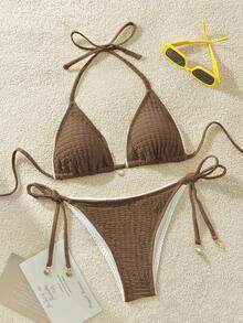 Swim Mod 女士沙滩度假休闲挂脖比基尼套装 - 棕色 - 查看 1