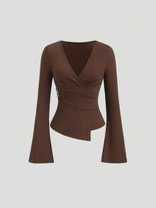 Sweetra Y2K Sexy Pleated Metallic Button Casual Minimalist T-Shirt - Coffee Brown - View 3
