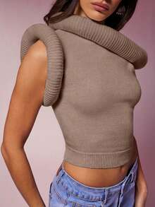 Denimoi 圆领露肩袖毛衣上装，秋冬季时尚吸睛单品 - 駝色 - 查看 6